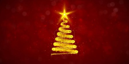 Téléchargez les photos : Spirale jaune faite de particules comme arbre de Noël sur fond rouge avec bokeh et flocons de neige. Illustration de l'arbre de Noël abstrait comme carte de vacances d'hiver. - en image libre de droit