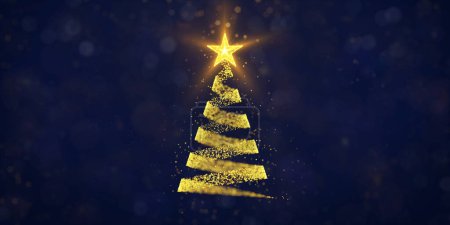 Photo for Yellow spiral shape made from particles as Christmas tree on dark background with bokeh. Illustration of abstract Xmas tree as winter holiday card. - Royalty Free Image