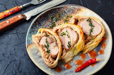 Photo for Popular meat dish is wellington meat, meat baked in dough. - Royalty Free Image