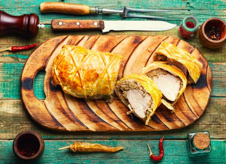 Photo for Popular meat dish is wellington meat, meat baked in dough. - Royalty Free Image