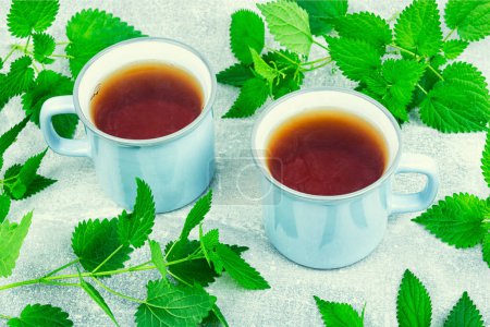 Foto de Tazas de té de hierbas frescas, té curativo con ortiga fresca. Homeopatía, medicina herbal. - Imagen libre de derechos