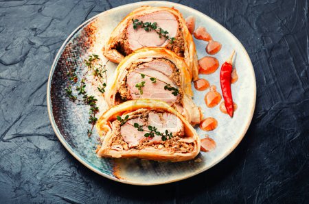 Photo for Popular delicious meat food is wellington meat, meat wrapped in dough. British food - Royalty Free Image