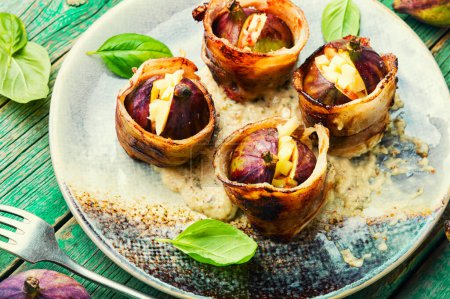 Photo for Baked figs with cheese and bacon. Festive autumn snack. - Royalty Free Image