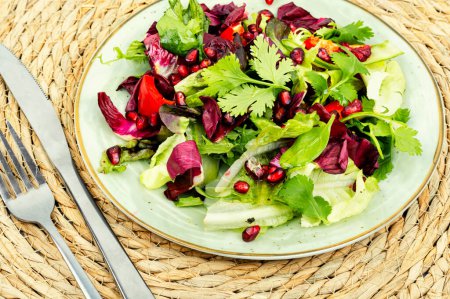 Photo for Vitamin salad with greens, pepper, radicchio and cucumber, decorated with pomegranate. Diet menu - Royalty Free Image