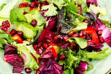 Photo for Vitamin salad with greens, bell pepper, lettuce and cucumber, decorated with pomegranate. - Royalty Free Image