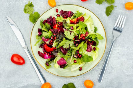Photo for Vitamin salad with greens, pepper, red lettuce and cucumber, decorated with pomegranate. Top view - Royalty Free Image