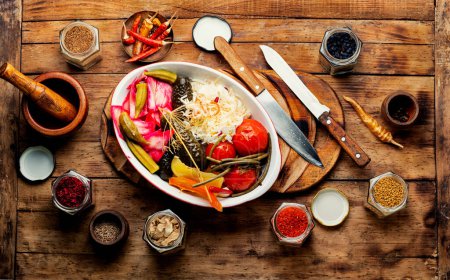 Foto de Aperitivo apetitoso, verduras picantes en escabeche sobre un fondo rústico de madera. Vista superior - Imagen libre de derechos