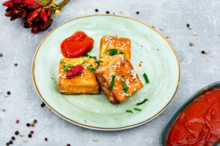 Photo for Roasted tofu cheese with sauce ,asian vegan food - Royalty Free Image