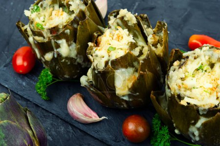 Photo for Delicious appetizer roasted artichokes cooked with cheese. - Royalty Free Image