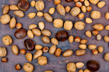 Photo for Walnut, chestnut, almond, hazelnut on the table.Healthy snacks Vegan food - Royalty Free Image