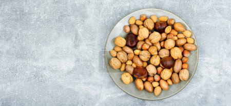 Foto de Walnut, chestnut, almond, hazelnut on the table.Healthy food. Top view with copy space - Imagen libre de derechos