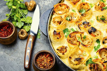 Photo for Vegetables baked with mushroom,cheese in pita bread. Frittata or casserole - Royalty Free Image