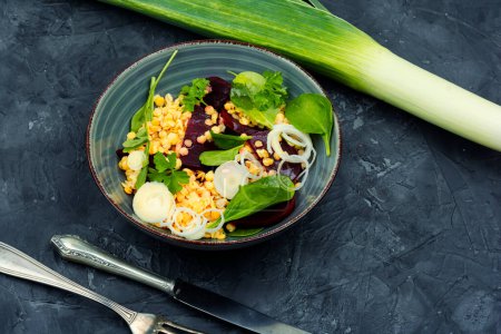 Téléchargez les photos : Salade végétarienne saine aux betteraves, lentilles, oignons et herbes. Salade faible en calories. - en image libre de droit