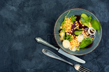 Foto de Lentil salad with boiled beets, onions and spinach. Low calorie salad. Space for text - Imagen libre de derechos