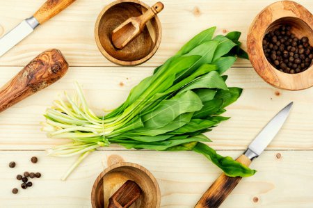 Photo for Fresh wild garlic on rustic vintage table, wild garlic dishes. Healthy cooking concept, top view. - Royalty Free Image