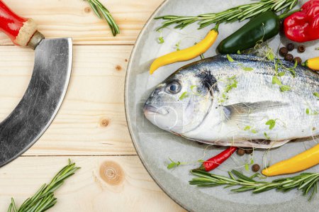 Photo for Uncooked dorado fish with spicy herbs on rustic wooden background. Top view - Royalty Free Image