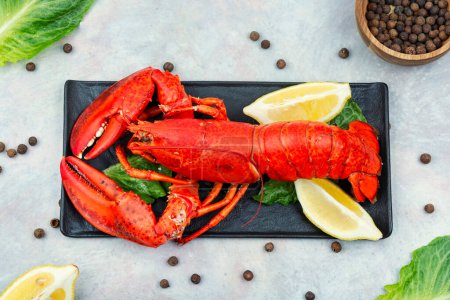 Téléchargez les photos : Grand homard bouilli avec des légumes verts et du citron sur un plateau. Fruits de mer - en image libre de droit