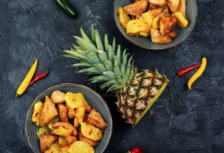Photo for Deep-fried Tofu with pineapple and chili. Flat lay - Royalty Free Image