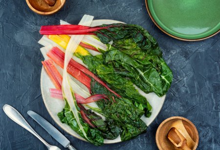 Photo for Appetizing vegetarian stewed swiss chard. Colorful vegetable. - Royalty Free Image