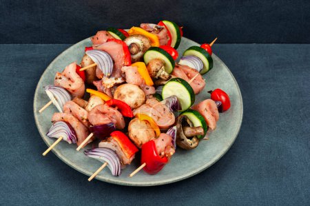 Photo for Uncooked meat kebab with vegetables marinated in herbs. - Royalty Free Image