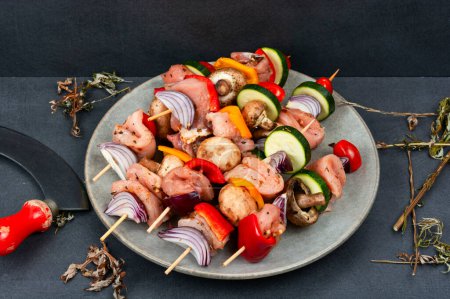 Photo for Raw meat kebab marinated in herbs. Raw shashlik and vegetables - Royalty Free Image