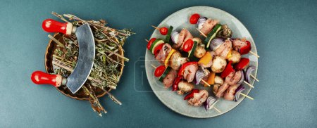 Photo for Uncooked meat kebab with vegetables. Barbecue meat spices and herbs. Top view. - Royalty Free Image