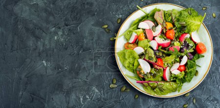 Téléchargez les photos : Salade savoureuse avec radis, légumes verts, tomate et sésame. Espace de copie - en image libre de droit