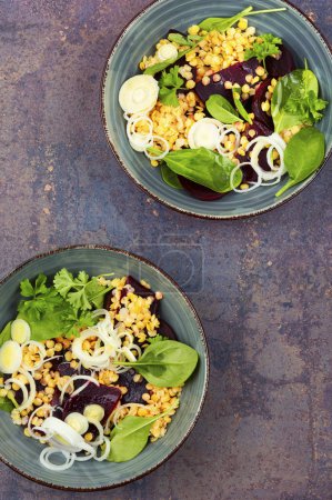 Téléchargez les photos : Salade avec betterave, lentilles, oignons et herbes dans un bol. Cuisine indienne traditionnelle. - en image libre de droit
