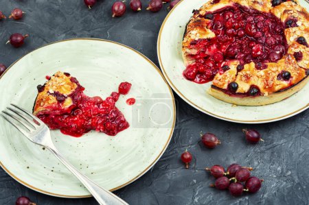 Photo for Summer open pie with red currants and gooseberries. Slice of fruit pie. - Royalty Free Image