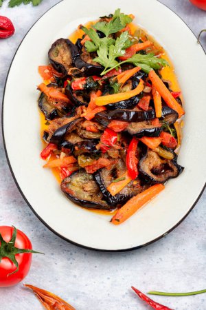 Photo for Roast fried vegetable saute with eggplant. Vegetarian food. - Royalty Free Image