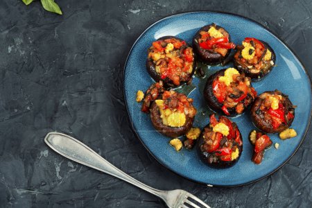 Photo for Mushroom, champignons caps roasted stuffed with bell pepper. Homemade baked stuffed mushrooms, space for text - Royalty Free Image
