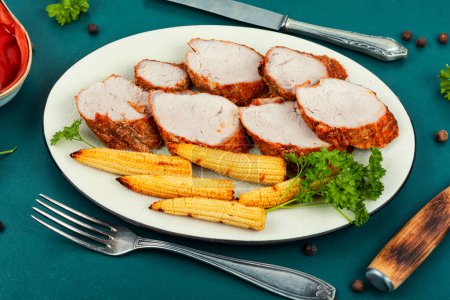 Photo for Sliced pork tenderloin grilled with corn. Modern style - Royalty Free Image