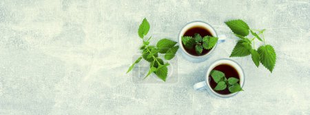 Foto de Tetera con té de hierbas, té curativo con ortiga fresca. Homeopatía, medicina herbal. - Imagen libre de derechos