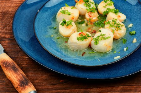 Photo for Roasted scallops with green on a plate. Restaurant menu - Royalty Free Image