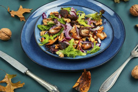 Photo for Vegetable salad with grilled forest mushrooms, onions, green and walnuts on plate. - Royalty Free Image