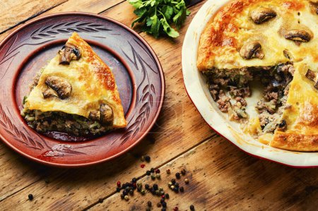 Photo for Delicious pie with minced meat and mushrooms. - Royalty Free Image