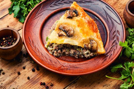 Photo for Rustic homemade pie with ground beef and mushrooms. - Royalty Free Image