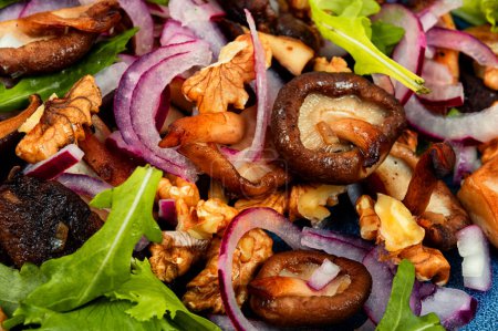 Téléchargez les photos : Délicieuse salade aux champignons rôtis, oignon rouge, légumes verts et noix. Alimentation végétarienne saine - en image libre de droit