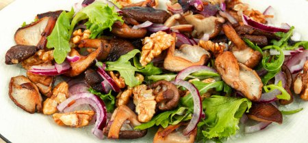 Téléchargez les photos : Salade diététique aux légumes avec champignons de forêt grillés, oignons, verts et noix. Gros plan. - en image libre de droit