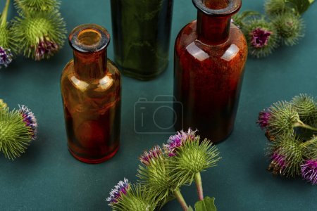 Foto de Planta de bardana y pequeña botella de vidrio con tinturas, hierbas medicinales - Imagen libre de derechos