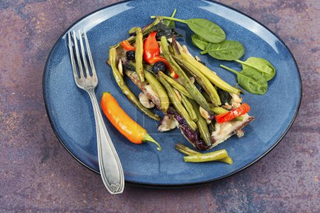 Photo for Open vegetable pie with bush beans and peppers. Healthy eating. - Royalty Free Image