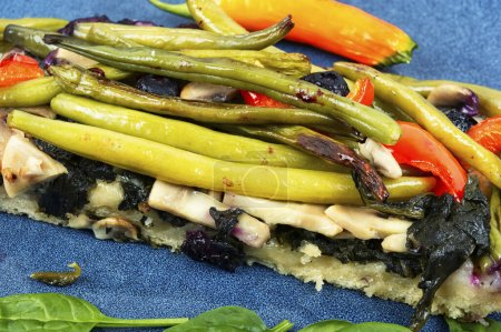 Photo for Vegetable pie with green or bush beans and bell peppers. Close up. - Royalty Free Image