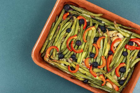 Photo for Tart with vegetables. Vegetable baked pie with green or bush beans and bell peppers in baking dish. - Royalty Free Image