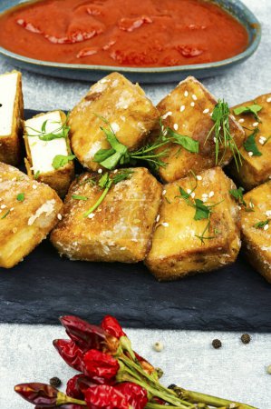 Photo for Roasted soy cheese tofu on the plate. - Royalty Free Image