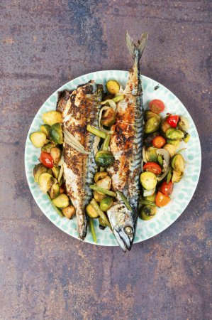 Photo for Plate with roasted mackerel or scomber fish and tomatoes, cabbage and green beans. Top view. - Royalty Free Image