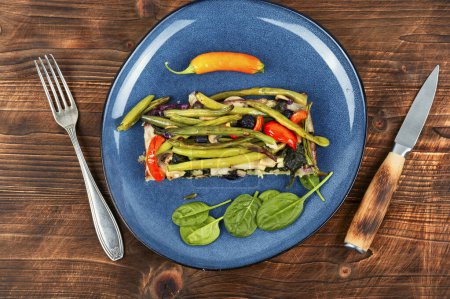 Photo for Vegetable pie with green or bush beans and peppers. - Royalty Free Image