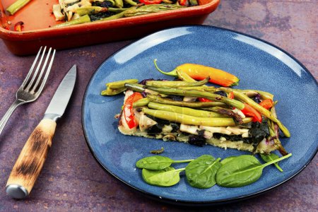 Photo for Vegetarian pie with green or bush beans or cowpeas and peppers - Royalty Free Image
