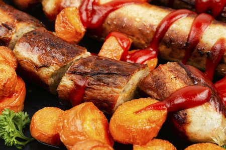 Photo for Grilled turkey wurst sausages with sauce, roasted carrots on the plate. Close up. - Royalty Free Image