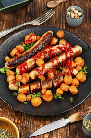 Photo for Grilled Bavarian turkey sausages with roasted carrots on a vintage wooden background. - Royalty Free Image