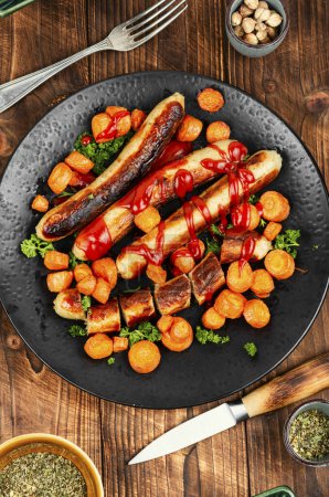 Photo for Plate with grilled turkey sausages with roasted carrots on a vintage wooden background. Top view. - Royalty Free Image